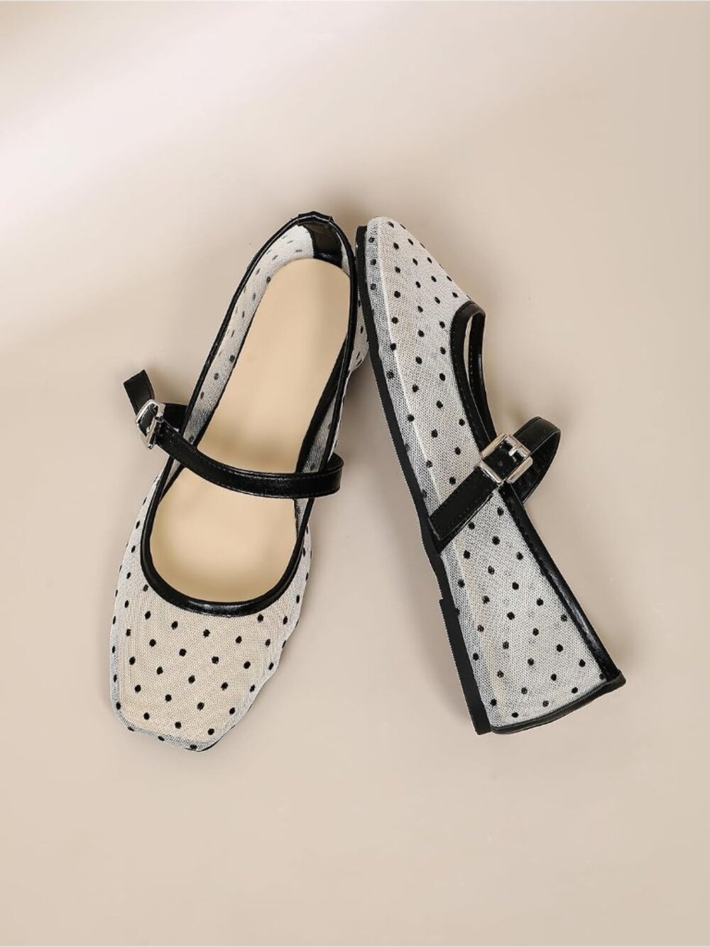 🆕Women's Black White Mesh Mary Jane Ballet Flats Square Toe Dressy Casual Shoes - Picture 3 of 5